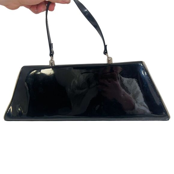 Vintage Tatyana Black Faux Patent Leather Structured Handbag Purse - Picture 3 of 10